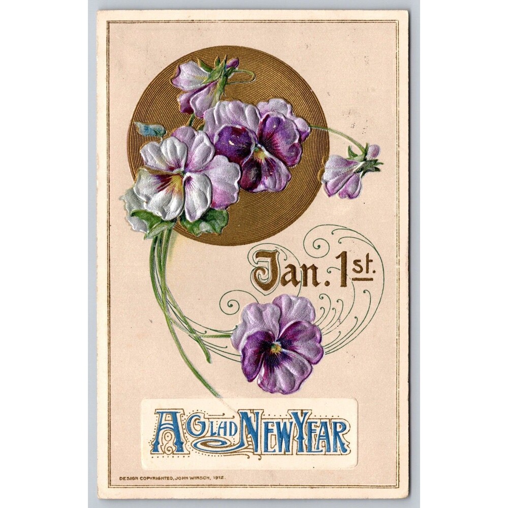 Postcard Glad New Year Embossed Purple Flowers Gold Winsch c1912 Parcel Stamp